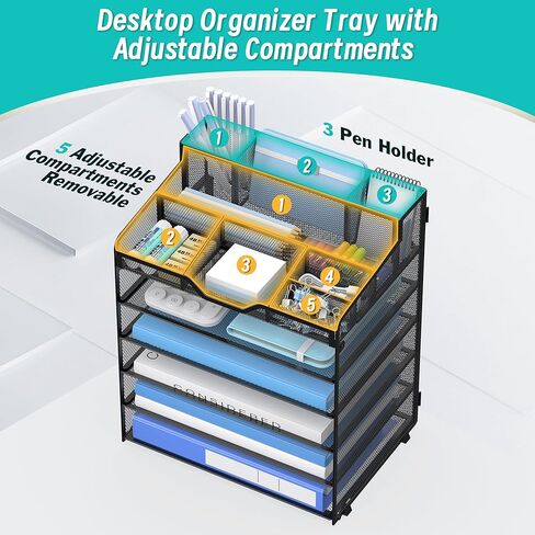 6 Tier Mesh Desk Organizer,Multi Functional Letter Paper Tray with 3 Pen Holders and 5 Adjustable Storage Compartments for Office Supplies Files and Mail Space Saving Desktop Organizer-Black in Saudi Arabia