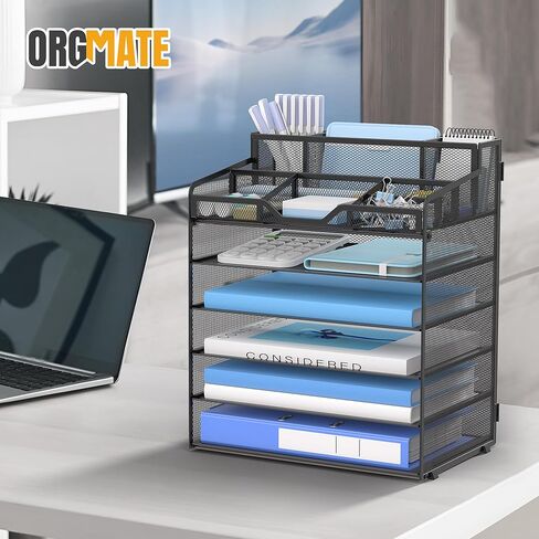 6 Tier Mesh Desk Organizer,Multi Functional Letter Paper Tray with 3 Pen Holders and 5 Adjustable Storage Compartments for Office Supplies Files and Mail Space Saving Desktop Organizer-Black in Saudi Arabia
