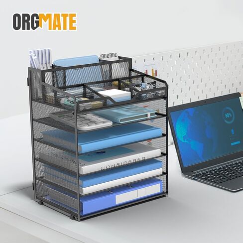 6 Tier Mesh Desk Organizer,Multi Functional Letter Paper Tray with 3 Pen Holders and 5 Adjustable Storage Compartments for Office Supplies Files and Mail Space Saving Desktop Organizer-Black in Saudi Arabia