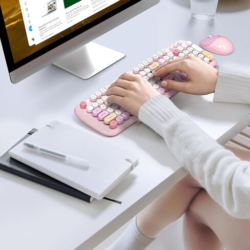 مجموعة لوحة المفاتيح والماوس اللاسلكية الرجعية، لوحة مفاتيح الآلة الكاتبة SQMD كاملة الحجم للمكتب مع أغطية مفاتيح ملونة مستديرة، ماوس هادئ لطيف 2.4G لأجهزة الكمبيوتر التي تعمل بنظام Windows والمنزل والمكتب والكلية - أزرق in Kuwait