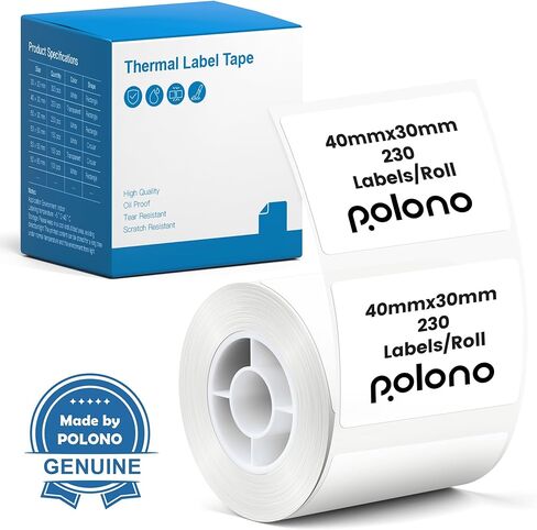 POLONO Genuine Thermal Labels for PM220S Label Makers, 1.57"x1.18" (40x30mm) Thermal Label, Waterproof, Multi-Purpose Self-Adhesive Labels for Small Bussiness, Office, School, 230 Labels/Roll (White) in Kuwait