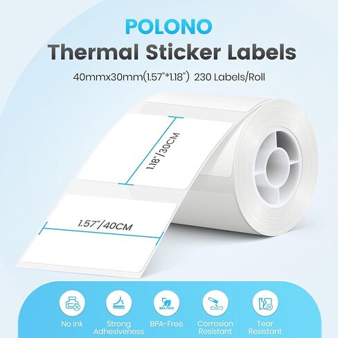 POLONO Genuine Thermal Labels for PM220S Label Makers, 1.57"x1.18" (40x30mm) Thermal Label, Waterproof, Multi-Purpose Self-Adhesive Labels for Small Bussiness, Office, School, 230 Labels/Roll (White) in Kuwait