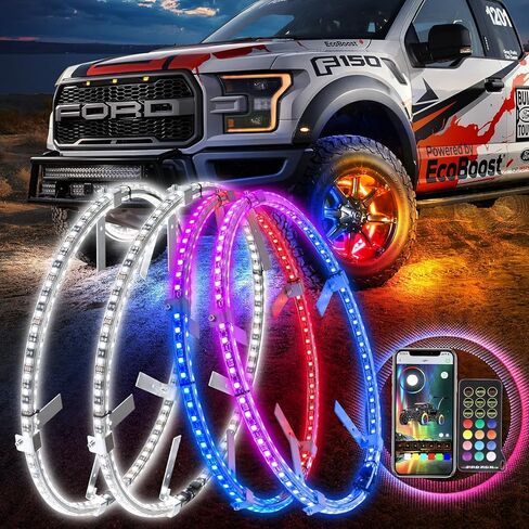Beatto 14"-18" 2-Rows Adjustable Wheel Ring Lights, Wheel Lights for Truck with Switch, LED Chases Dancing Color Rim Lights with Braking &Turn Signal, APP&IR Control in Saudi Arabia