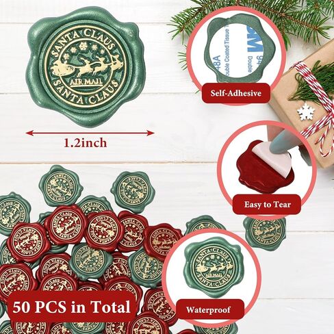 Whaline 50Pcs Christmas Wax Seal Stickers Santa Claus Reindeer Envelope Seal Stickers Green Red Gold 3D Self-Adhesive Embossed Decals for Xmas Greeting Invitation Card Gift in Saudi Arabia