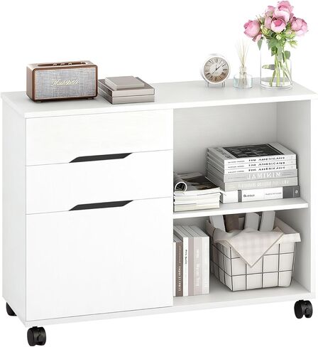 FDW 3 Drawer Lateral File Cabinet Mobile File Cabinet with Open Storage Shelves Office Printer Stand & Under-Desk Organizer with Wheels for Home Office,Black in Saudi Arabia