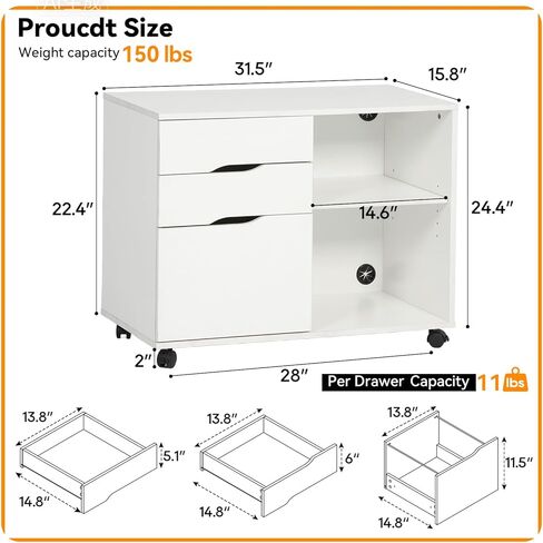 FDW 3 Drawer Lateral File Cabinet Mobile File Cabinet with Open Storage Shelves Office Printer Stand & Under-Desk Organizer with Wheels for Home Office,Black in Saudi Arabia