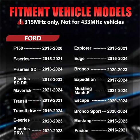 315 ميجا هرتز TPMS، مستشعر ضغط الإطارات المبرمج مسبقًا من Ford مناسب: Explorer(2015-2021)، F150(2015-2020)، F250/F350(2015-2021)، F250/F350 SD(2016-2024)، إيدج (2015-2024)، ترانزيت (2019-2021)، موستانج (2015-2023)(4 قطع) in Kuwait