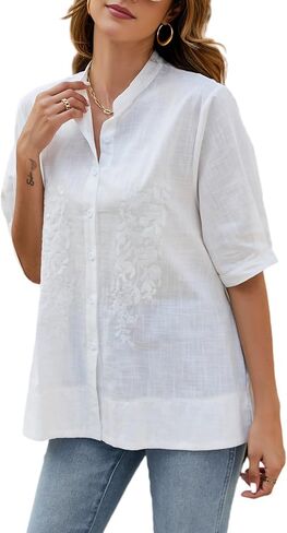 Summer Women’s Floral Emboridered Button Down Blouses Boho Cotton Short Sleeve Button Up Shirts for Women Casual Loose Tops in Saudi Arabia