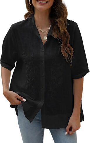 Summer Women’s Floral Emboridered Button Down Blouses Boho Cotton Short Sleeve Button Up Shirts for Women Casual Loose Tops in Kuwait