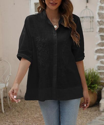 Summer Women’s Floral Emboridered Button Down Blouses Boho Cotton Short Sleeve Button Up Shirts for Women Casual Loose Tops in Kuwait
