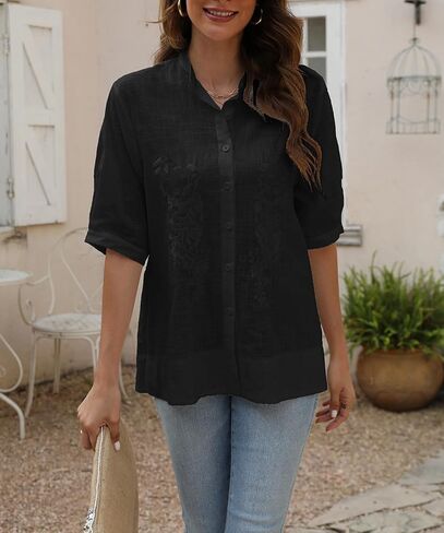 Summer Women’s Floral Emboridered Button Down Blouses Boho Cotton Short Sleeve Button Up Shirts for Women Casual Loose Tops in Kuwait