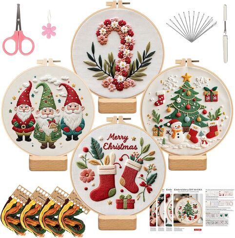 طقم تطريز عيد الميلاد مع 4 قواعد وأطواق خشبية - طقم تطريز للمبتدئين للبالغين والأطفال، مجموعات غرز متقاطعة للمبتدئين، مجموعة أدوات التطريز اليدوية لديكور عيد الميلاد وهدايا in Kuwait