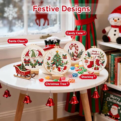 طقم تطريز عيد الميلاد مع 4 قواعد وأطواق خشبية - طقم تطريز للمبتدئين للبالغين والأطفال، مجموعات غرز متقاطعة للمبتدئين، مجموعة أدوات التطريز اليدوية لديكور عيد الميلاد وهدايا in Kuwait