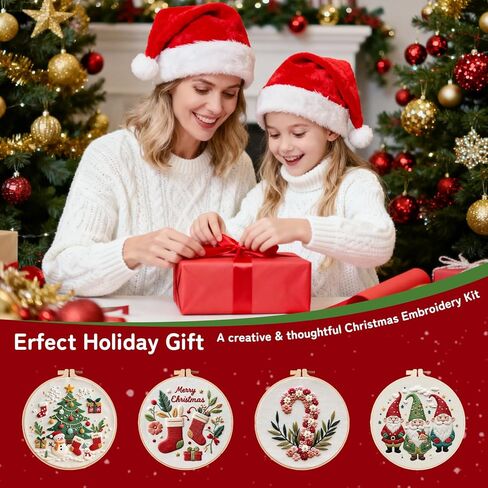 طقم تطريز عيد الميلاد مع 4 قواعد وأطواق خشبية - طقم تطريز للمبتدئين للبالغين والأطفال، مجموعات غرز متقاطعة للمبتدئين، مجموعة أدوات التطريز اليدوية لديكور عيد الميلاد وهدايا in Kuwait