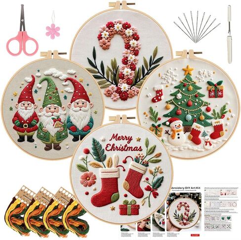 طقم تطريز عيد الميلاد مع 4 قواعد وأطواق خشبية - طقم تطريز للمبتدئين للبالغين والأطفال، مجموعات غرز متقاطعة للمبتدئين، مجموعة أدوات التطريز اليدوية لديكور عيد الميلاد وهدايا in Kuwait
