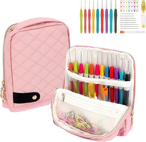 BAGCRAZY Stand-Up Crochet Hook Case Organizer, Travel Craft Holder with Phone Pocket, Quilted Bag with 9 Hooks, Needles & Scissors, Gift for Crochet Lovers – Black in Saudi Arabia