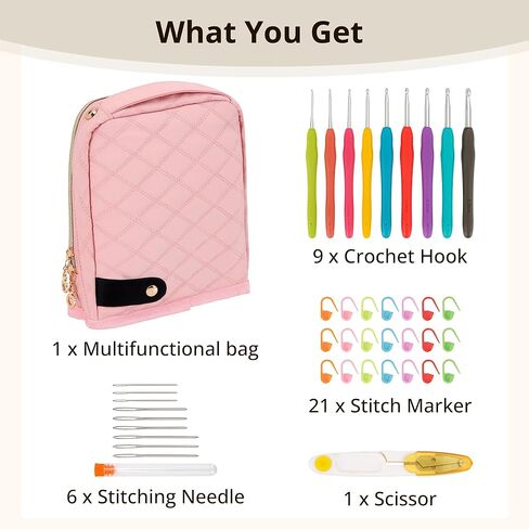 BAGCRAZY Stand-Up Crochet Hook Case Organizer, Travel Craft Holder with Phone Pocket, Quilted Bag with 9 Hooks, Needles & Scissors, Gift for Crochet Lovers – Black in Saudi Arabia