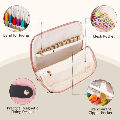 BAGCRAZY Stand-Up Crochet Hook Case Organizer, Travel Craft Holder with Phone Pocket, Quilted Bag with 9 Hooks, Needles & Scissors, Gift for Crochet Lovers – Black in Saudi Arabia