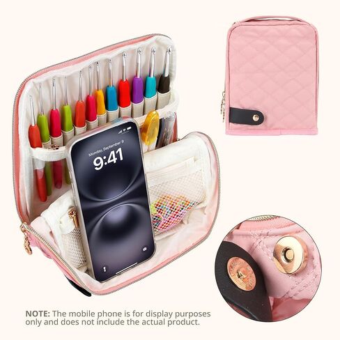 BAGCRAZY Stand-Up Crochet Hook Case Organizer, Travel Craft Holder with Phone Pocket, Quilted Bag with 9 Hooks, Needles & Scissors, Gift for Crochet Lovers – Black in Saudi Arabia