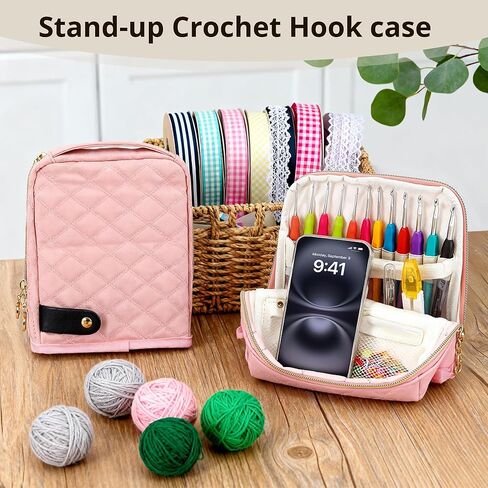 BAGCRAZY Stand-Up Crochet Hook Case Organizer, Travel Craft Holder with Phone Pocket, Quilted Bag with 9 Hooks, Needles & Scissors, Gift for Crochet Lovers – Black in Saudi Arabia