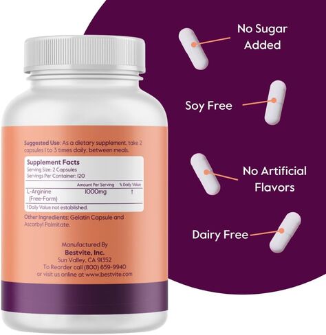 BESTVITE L-Arginine 500mg (240 كبسولة) - بدون ستيرات المغنيسيوم - بدون ثاني أكسيد السيليكون - بدون مواد مالئة - غير معدل وراثيًا - خالي من الغلوتين in Saudi Arabia