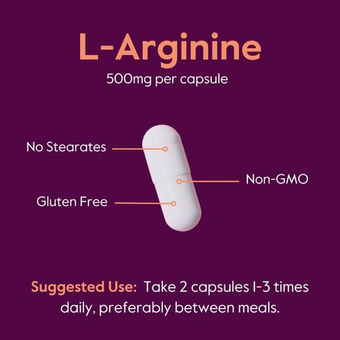 BESTVITE L-Arginine 500mg (240 كبسولة) - بدون ستيرات المغنيسيوم - بدون ثاني أكسيد السيليكون - بدون مواد مالئة - غير معدل وراثيًا - خالي من الغلوتين in Saudi Arabia