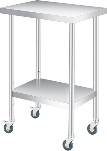 12" x 24" Stainless Steel Table, 2 Tier Small Commercial Kitchen Prep Table with Locking Casters, Adjustable Storage Shelf, Glooves & Dishcloth, for Home Restaurant Kitchen Garages Outdoor, Heavy Duty in Saudi Arabia