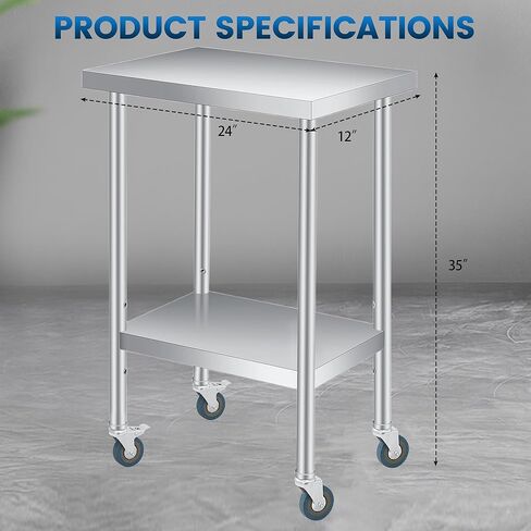 12" x 24" Stainless Steel Table, 2 Tier Small Commercial Kitchen Prep Table with Locking Casters, Adjustable Storage Shelf, Glooves & Dishcloth, for Home Restaurant Kitchen Garages Outdoor, Heavy Duty in Saudi Arabia