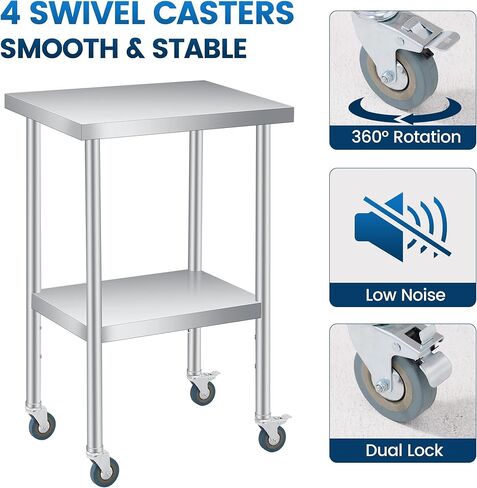 12" x 24" Stainless Steel Table, 2 Tier Small Commercial Kitchen Prep Table with Locking Casters, Adjustable Storage Shelf, Glooves & Dishcloth, for Home Restaurant Kitchen Garages Outdoor, Heavy Duty in Saudi Arabia