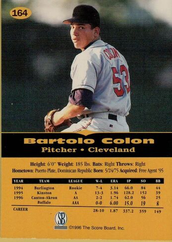 BARTOLO COLON 1996 THE SCORE BOARD ROOKIE CARD #164 (CLEVELAND INDIANS) FREE SHIPPING AND TRACKING in Saudi Arabia
