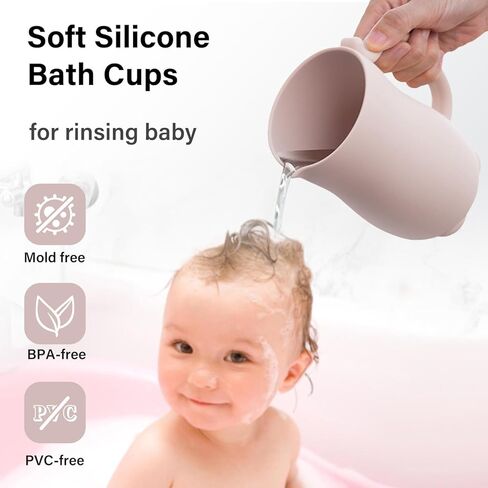 mandoo Baby Bath Rinse Cup - Food Grade Silicone - Shampoo & Body Washing Rinser Cup for Kids with Easy Grip Handle to Rinse Baby Shampoo and Soap - Baby Essentials (Pink+Brush) in Kuwait