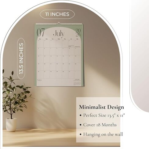 Modern Vertical Wall Calendar 2025-18 Month Calendar January 2025 to June 2026, 11x13.5 Inches Cursive Font Design with Spiral Twin-Wire Binding in Kuwait