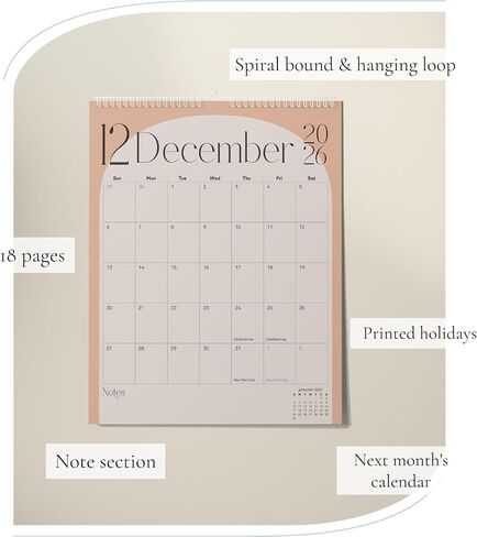 Modern Vertical Wall Calendar 2025-18 Month Calendar January 2025 to June 2026, 11x13.5 Inches Cursive Font Design with Spiral Twin-Wire Binding in Kuwait