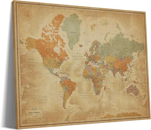 Vintage World Map Wall Art for Travel Tracking | Canvas World Map Push Pins | Detailed Decor with Pins for Travel Tracking (40 x 30) in Saudi Arabia