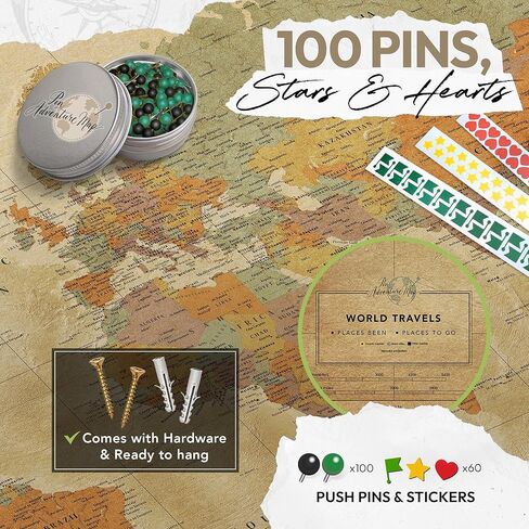 Vintage World Map Wall Art for Travel Tracking | Canvas World Map Push Pins | Detailed Decor with Pins for Travel Tracking (40 x 30) in Saudi Arabia