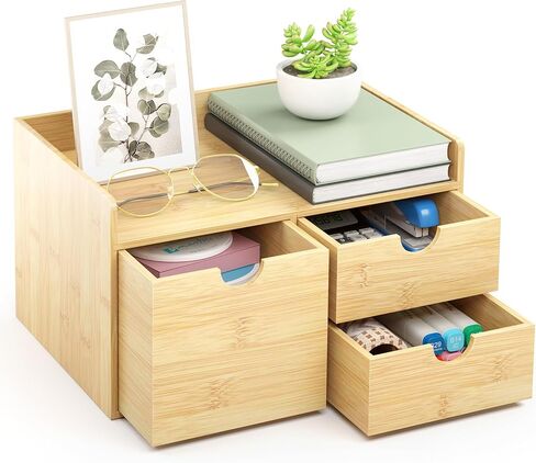 Wisuce Desk Organizer with Drawers - Bamboo Desktop Organizer Storage Natural Wood Desk Drawers Organizer for Bills, Office Supplies, Cosmetics, Seals No Assembly Required 3 Drawers（left-right) in Kuwait