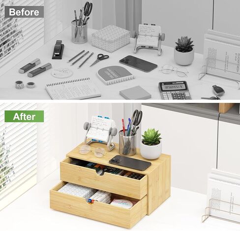 Wisuce Desk Organizer with Drawers - Bamboo Desktop Organizer Storage Natural Wood Desk Drawers Organizer for Bills, Office Supplies, Cosmetics, Seals No Assembly Required 3 Drawers（left-right) in Kuwait