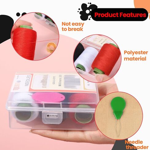 20PCS Household Yarn Sewing Kit - 3 Yarn Balls, 16 Needles & Threader, Portable Storage Box for Crafts, Mending & DIY Projects (Black) in Saudi Arabia