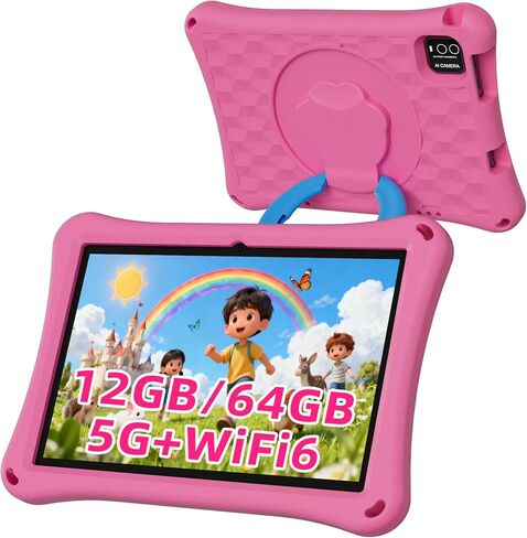 تابلت للأطفال، تابلت Android 13 مقاس 10.1 بوصة، 12 جيجابايت + 64 جيجابايت، 1 تيرابايت قابل للتوسيع، 5G WiFi 6، BT 5.0، رباعي النواة، 6000 مللي أمبير، كاميرا مزدوجة، وضع التحكم الأبوي AWAWA، شاشة حماية العين بالضوء الأزرق مع حافظة. in Kuwait