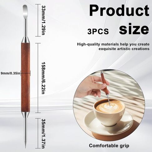 3 Pack Latte Art Pen Set Stainless Steel Latte Art Tools Coffee Drawing Tool with Wood Handle Double Ended Barista Accessories for Espresso Designs, Home and Cafe Use in Saudi Arabia