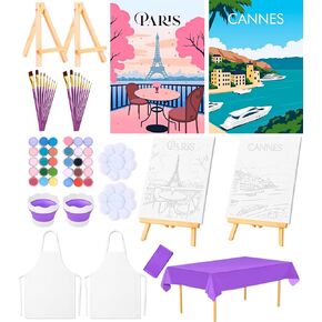 KEYBREE Paint and Sip Kit for Adults by Numbers – 2 Stretched Pre-Drawn Canvases, Wooden Easels, Acrylic Paints, Brushes, Palettes, Aprons & Table Cover | Couples Painting Kit, Perfect for Date Night in Saudi Arabia