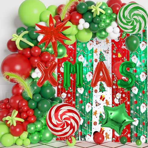 Ouddy Life 170Pcs Merry Christmas Party Decorations Set, Christmas Balloon Garland Arch Kit, Xmas Foil Fringe Curtains Faux Pampas Red Green Candy Cane Star Foil Balloons for Friends Birthday Supplies in Saudi Arabia