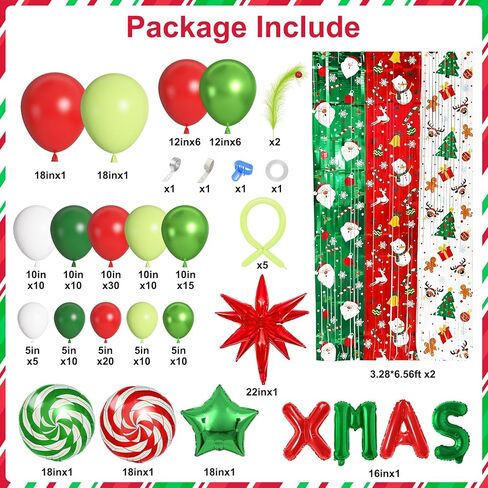 Ouddy Life 170Pcs Merry Christmas Party Decorations Set, Christmas Balloon Garland Arch Kit, Xmas Foil Fringe Curtains Faux Pampas Red Green Candy Cane Star Foil Balloons for Friends Birthday Supplies in Saudi Arabia