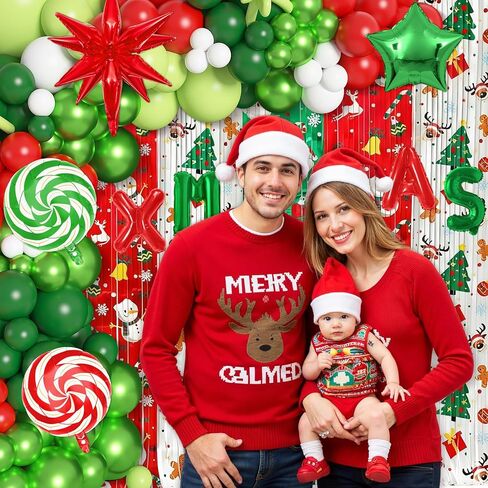 Ouddy Life 170Pcs Merry Christmas Party Decorations Set, Christmas Balloon Garland Arch Kit, Xmas Foil Fringe Curtains Faux Pampas Red Green Candy Cane Star Foil Balloons for Friends Birthday Supplies in Saudi Arabia