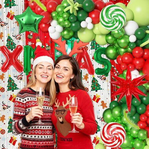 Ouddy Life 170Pcs Merry Christmas Party Decorations Set, Christmas Balloon Garland Arch Kit, Xmas Foil Fringe Curtains Faux Pampas Red Green Candy Cane Star Foil Balloons for Friends Birthday Supplies in Saudi Arabia