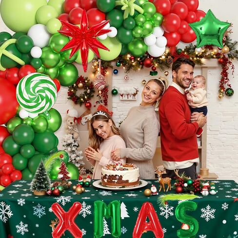 Ouddy Life 170Pcs Merry Christmas Party Decorations Set, Christmas Balloon Garland Arch Kit, Xmas Foil Fringe Curtains Faux Pampas Red Green Candy Cane Star Foil Balloons for Friends Birthday Supplies in Saudi Arabia