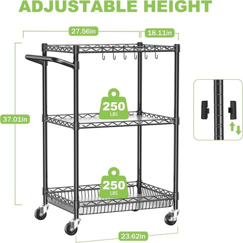 Rolling Utility Storage Carts with Wheels 3 Tier Heavy Duty Metal Cart 750Lbs Capacity Adjustable Kitchen Organizer Cart with Handle & Shelf Liner Commercial Grade Trolley for Indoor & Outdoor Use in Saudi Arabia