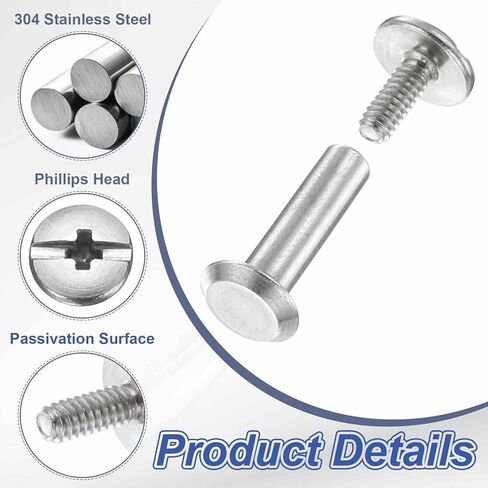 HARFINGTON 30 مجموعة شيكاغو برغي M3x6mm 3 مم طول معدني فيليبس مسمار برشام مسمار مسامير برشام عمود ربط لحقيبة حزام جلد DIY تجليد الكتب، فضي in Kuwait