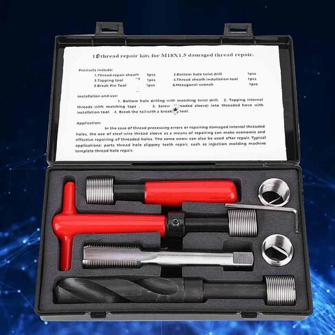 Ejoyous Thread Repair Tool Kit, 10Pcs Thread Repair Kit M18x1.5 Stainless Steel Twisted Drill Wrench Threaded Insert for Car, Portable Thread Metric Inserts Repair Kits in Saudi Arabia