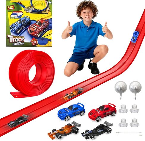 20 Ft Flexible Race Track Toys, Flex Race Car Ramp Track with 4 Race Cars & Suction Cups Rolls Up Portable DIY Race Track Anti Gravity Car Track Set, Kids Racecar Track Toy(Red in Saudi Arabia